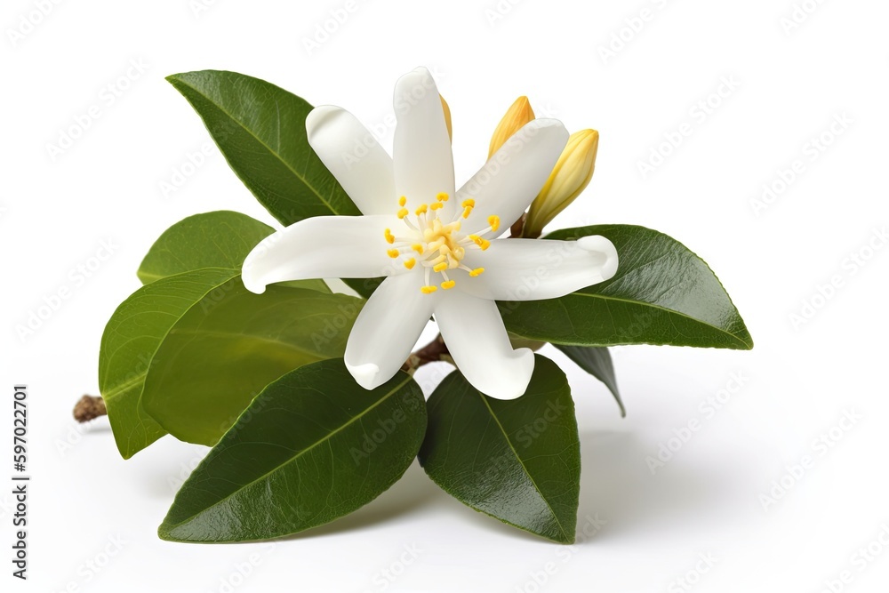 Fototapeta premium white flower with green leaves on a blank background. Generative AI