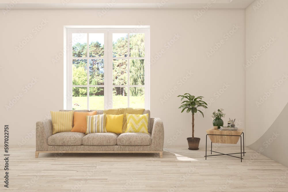 Fototapeta premium Bright interior design with modern furniture and summer landscape in window. 3D illustration