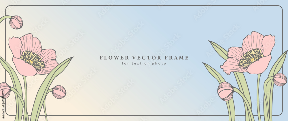 Vector floral spring frame with big pink flowers and green leaves. Background for text, photos, diplomas, postcards, business cards and presentations