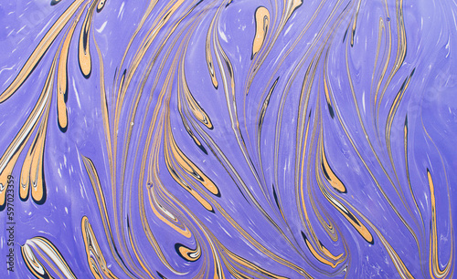 Ink marble texture. Ebru handmade background. Abstract violet white black and golden background. Unique art illustration. Liquid marbling texture.