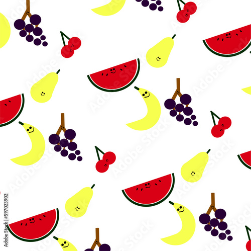Pattern con frutta allegra, illustrazione isolata su sfondo bianco