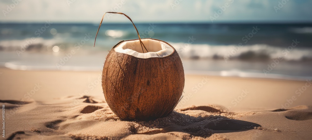 coconut on the beach with generative ai