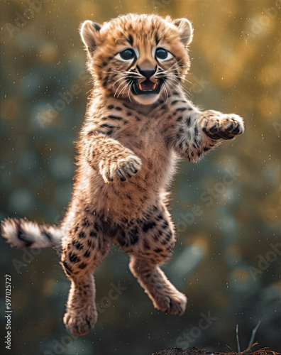 A cub is jumping with his arms in the air  ai-generated artwork