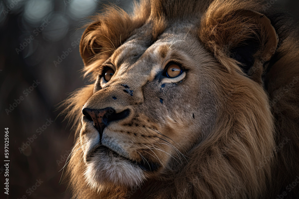 Close up male lion staring straight ahead, ai-generated artwork