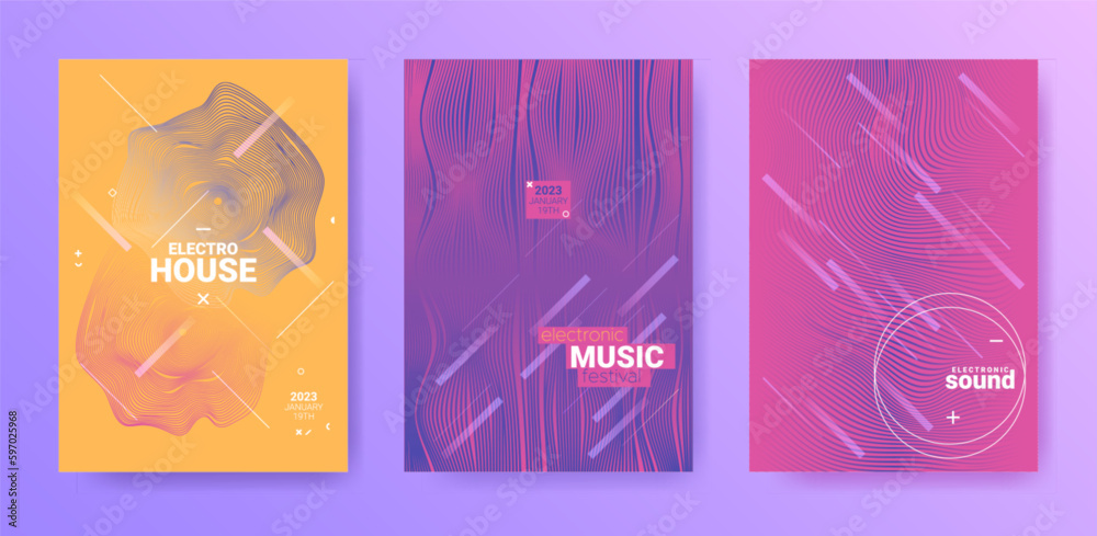 Electro Music Flyers Set. Techno Party Cover. Gradient Wave Line.