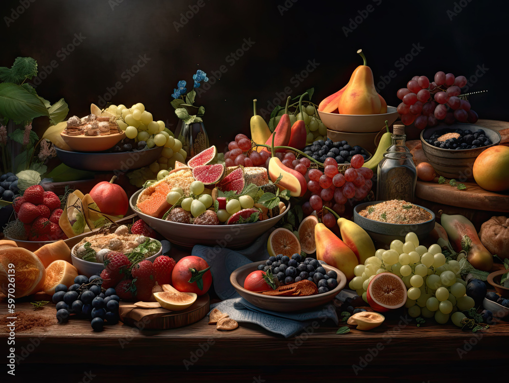 Food and cuisine concept with colorful array of fresh ingredients and dishes, ai-generated artwork Food and cuisine concept with colorful array of fresh ingredients and dishes, ai-generated artwork