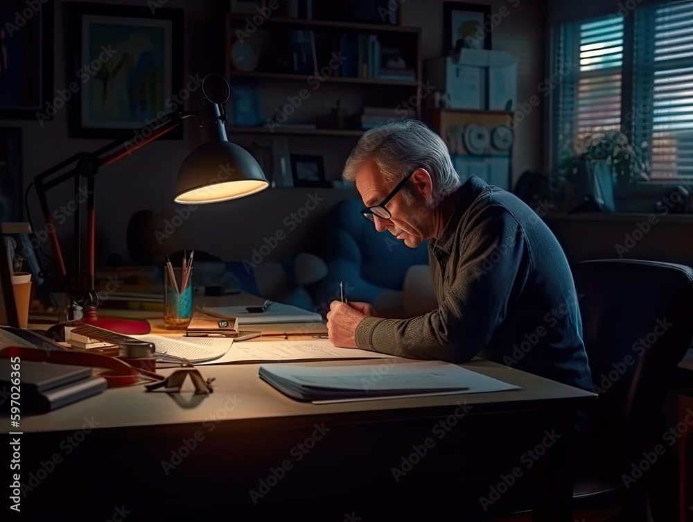Senior man working by the light of a desk lamps, ai-generated artwork Senior man working by the light of a desk lamps, ai-generated artwork