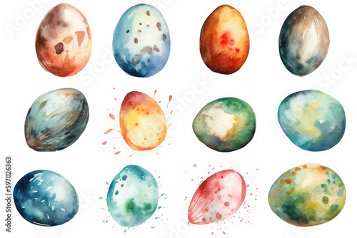 Set of painted watercolor easter eggs, generative AI