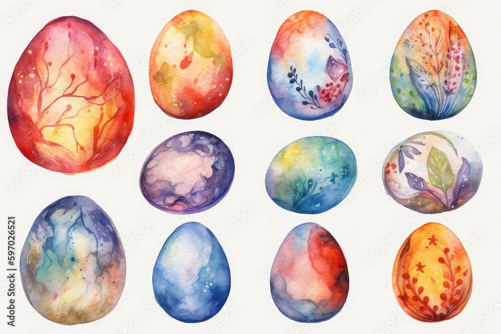 Set of painted watercolor easter eggs, generative AI