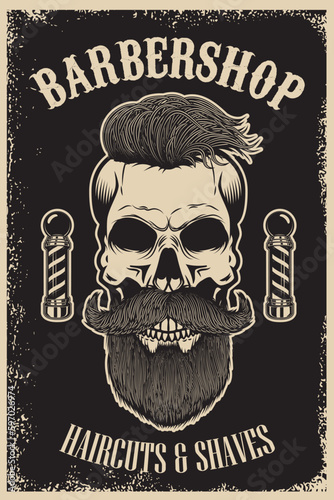 Vintage style barbershop poster with a bearded skull illustration. Perfect for adding a touch of nostalgia and charm to your space