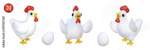3d chicken characters and eggs icon set. Cartoon farm animals vector illustration for promotion chicken wings, nuggets, hen, egg, food.
