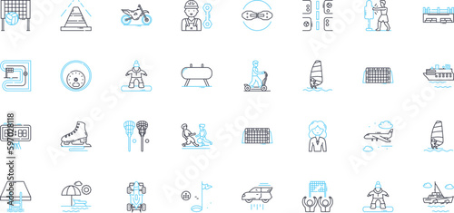 Wild adventures linear icons set. Safari, Jungle, Trek, Expedition, Rafting, Camping, Hiking line vector and concept signs. Climbing,Paragliding,Bungee jumping outline illustrations