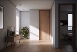 Minimalist room with natural light, white walls, wooden accents and a door. 3D rendering. Generative AI