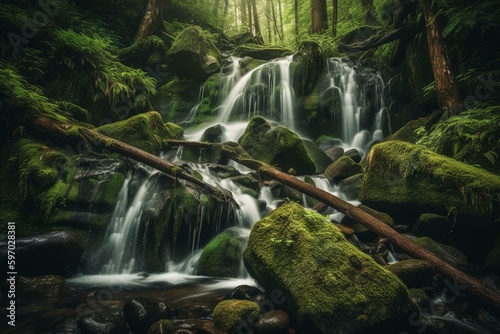 Majestic waterfall cascading through the lush forest  adorned with green moss and rocks. Long exposure image captures its beauty. Generative AI
