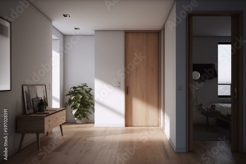 Minimalist room with natural light, white walls, wooden accents and a door. 3D rendering. Generative AI © Isannah