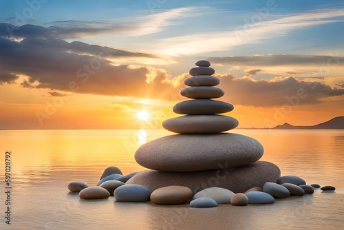 stack of stones on the beach at sunset  generative ai