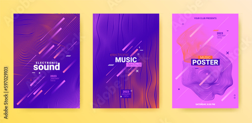 Electro Music Flyers Set. Techno Party Cover. Gradient Wave Line. © ingara