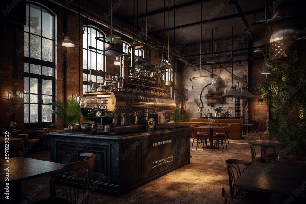 Cafe with industrial-style interior and traditional vibe in 3D. Generative AI