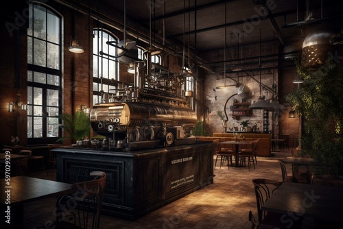 Cafe with industrial-style interior and traditional vibe in 3D. Generative AI © Eudoxia