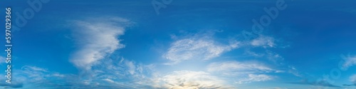 Sunset sky panorama with bright glowing pink Cirrus clouds. HDR 360 seamless spherical panorama. Full zenith or sky dome for 3D visualization  sky replacement for aerial drone panoramas.