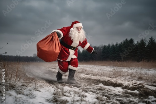Santa carrying a bag of gifts over his shoulder . Generative AI