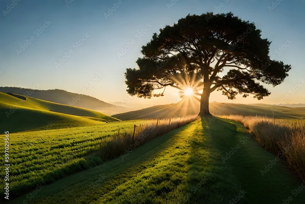 big tree on sunset in the countryside, generative ai big tree on sunset in the countryside, generative ai
