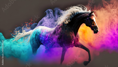 horse in the snow, horse with color Smoke background wallpaper space 