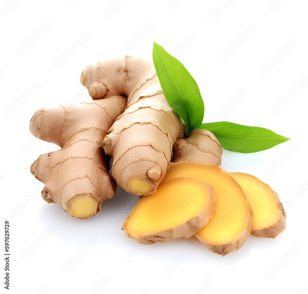 Ginger root with leaves on white backgrounds. AI generative. Illustration.