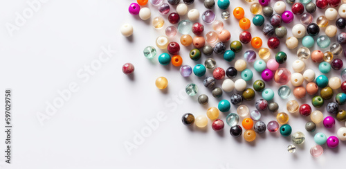 Pile of Colorful Beads Scattered on White Background. Multicolored Plastic, Glass, Gemstone Beads Banner with Copy Space for Text. Generative AI.