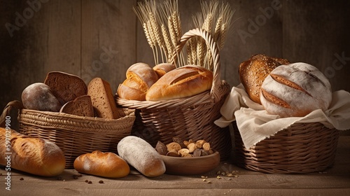 many types of bread in a wicker basket. Composition with bread and rolls in wicker basket, generative ai