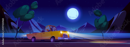 Cabriolet on night road near sea in summer trip cartoon vector illustration. Luxury car ride highway in island vacation below full moon light. Cabrio enjoy travel with mountain view near ocean coast