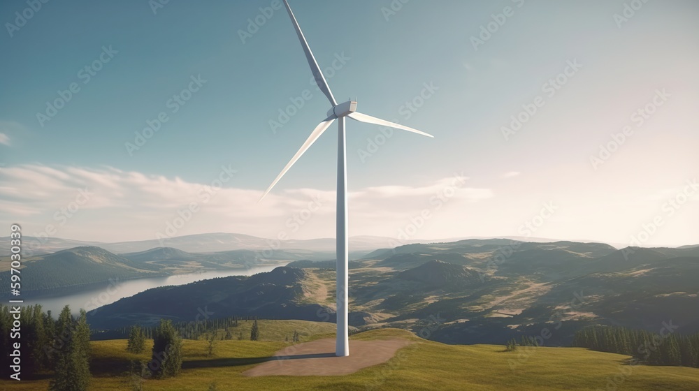 windmills on mountain tops. eco energy concept. generative ai windmills on mountain tops. eco energy concept. generative ai