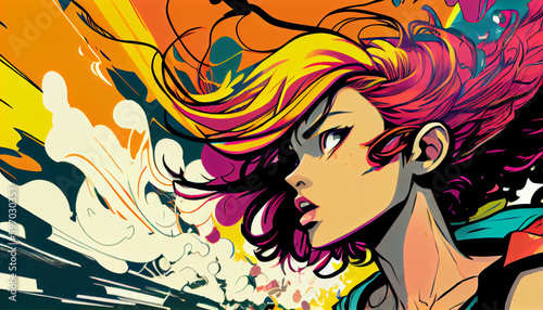 Colorfull pop art manga girl with vibrant colors for posters 