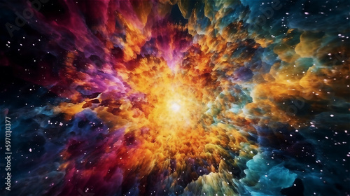 Colorful illustration outer space moments after the Big Bang. Concept image of a bright explosion in outer space. Generative AI
