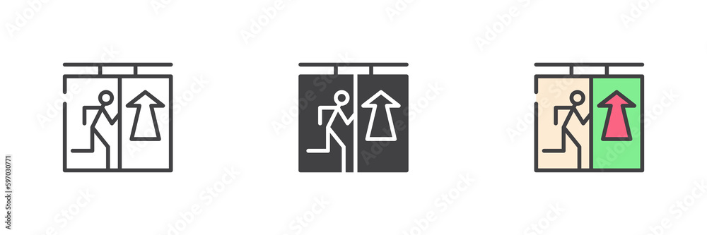 Emergency exit sign different style icon set Emergency exit sign different style icon set