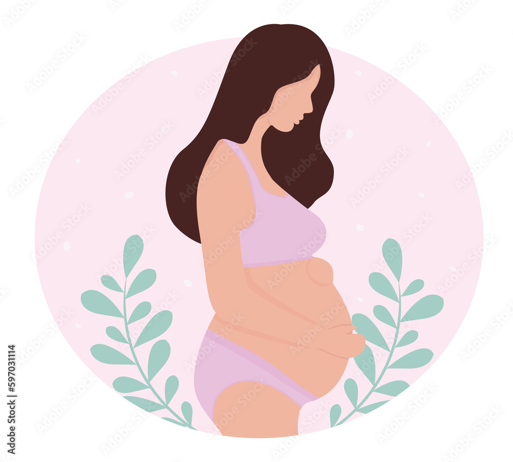Pregnancy woman in blue underwear pregnant on background with flowers leaves illustration