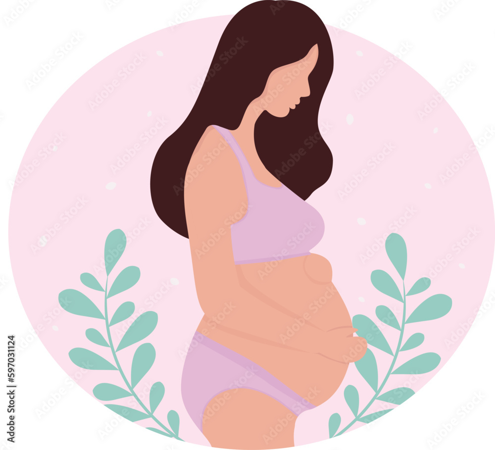 Pregnancy woman in blue underwear pregnant on background with flowers leaves vector illustration Pregnancy woman in blue underwear pregnant on background with flowers leaves vector illustration