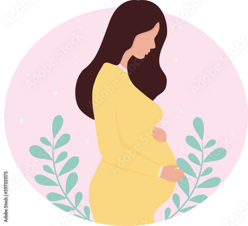 Pregnancy woman in a pregnant dress on a background with flowers and leaves illustration