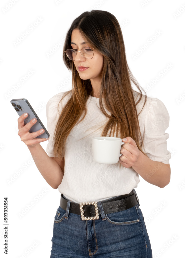 Woman using smartphone, portrait of brunette woman using smartphone. Businesswoman taking break drinking coffee. Messaging, browsing internet, putting new post in her blog, watching movie. Copy space. Woman using smartphone, portrait of brunette woman using smartphone. Businesswoman taking break drinking coffee. Messaging, browsing internet, putting new post in her blog, watching movie. Copy space.