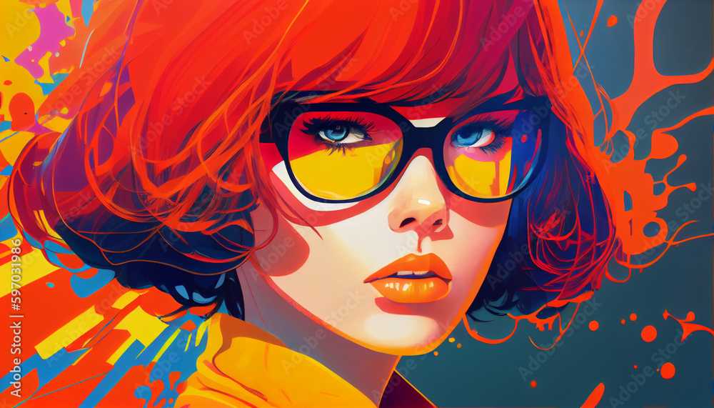 Obraz premium Anime character sporting vibrant, multicolored hair wearing glasess 