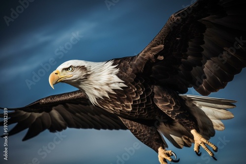 Bald eagle descends against blue sky. Generative AI