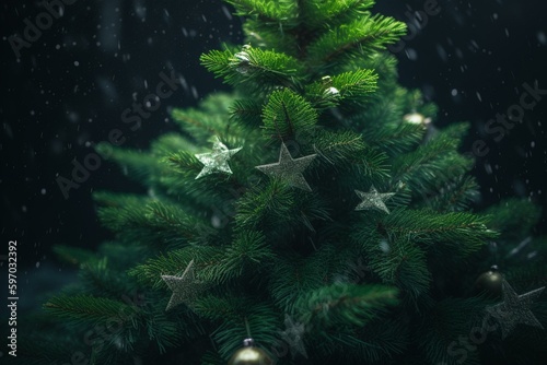 Green Christmas tree with star. Generative AI © Isannah