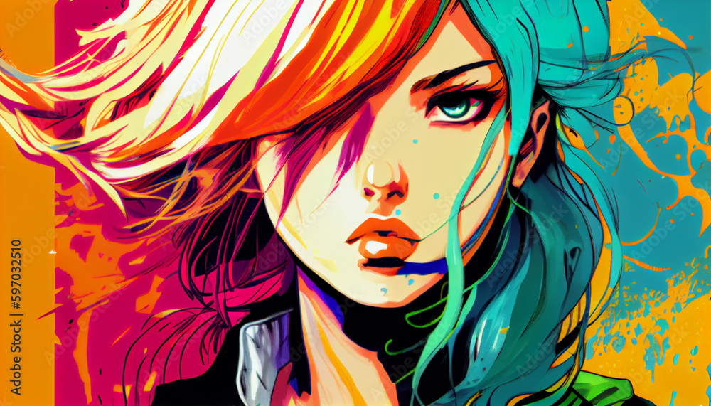 Colorful pop art manga girl with stunning looks and big eyes. An anime girl with colorful hair.