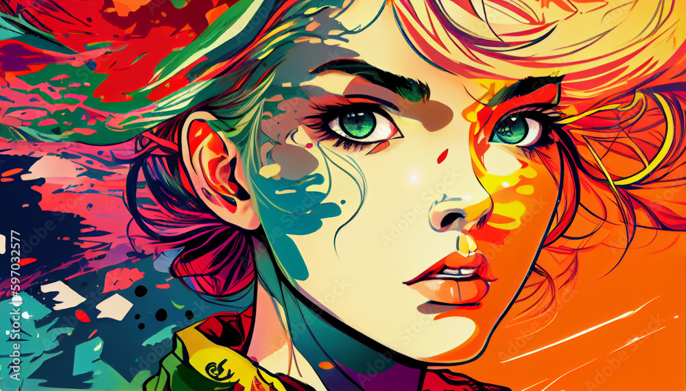 Colorful pop art manga girl with stunning looks and big eyes. An anime girl with colorful hair. Colorful pop art manga girl with stunning looks and big eyes. An anime girl with colorful hair.