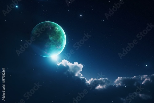 Two celestial bodies with clouds and a distant star  with blue and green light illuminating the right side. Generative AI