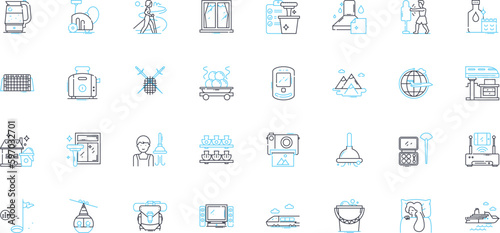 Cleaning chores linear icons set. Dusting, Sweeping, Mopping, Scrubbing, Vacuuming, Organizing, Polishing line vector and concept signs. Sanitizing,Disinfecting,Wiping outline Generative AI