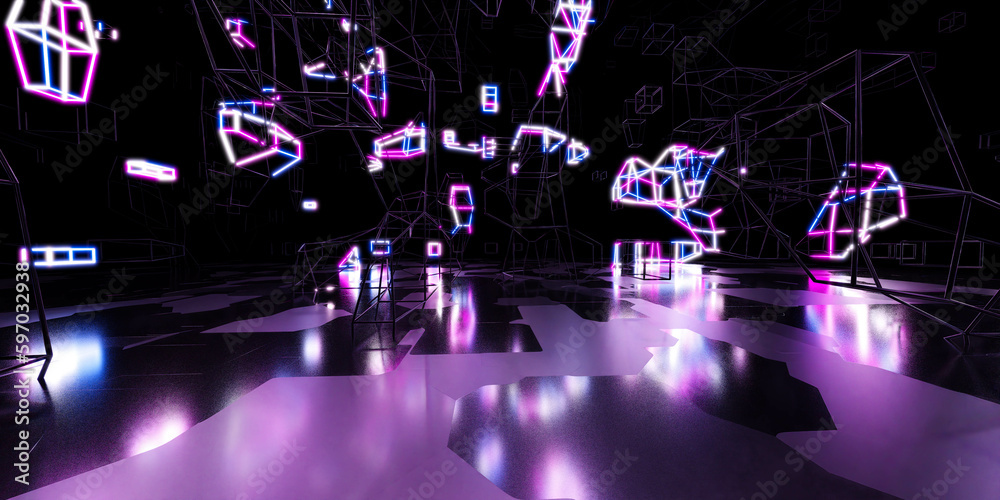 Photo of a neon-lit room with vibrant and colorful lights 3d render illustration