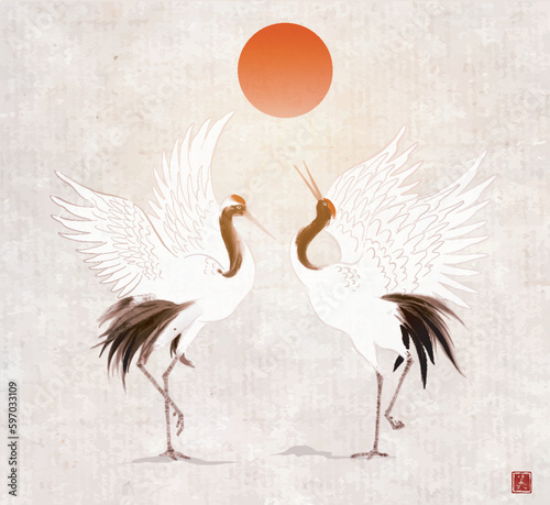 Two dancing crane birds and big red sun on vintage background. Traditional Japanese ink wash painting sumi-e. Translation of hieroglyph - beauty