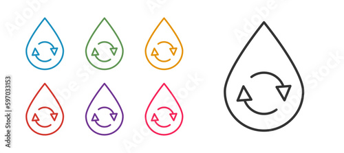 Set line Recycle clean aqua icon isolated on white background. Drop of water with sign recycling. Set icons colorful. Vector