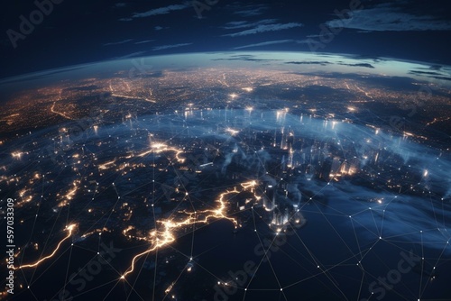 Network grid over earth, covering planet with modern business and technology concept. Beautiful space view. Generative AI